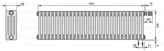 Схема (чертеж) Радиатор Zehnder Charleston 4060/29 №V002 Белый глянцевый RAL 9016